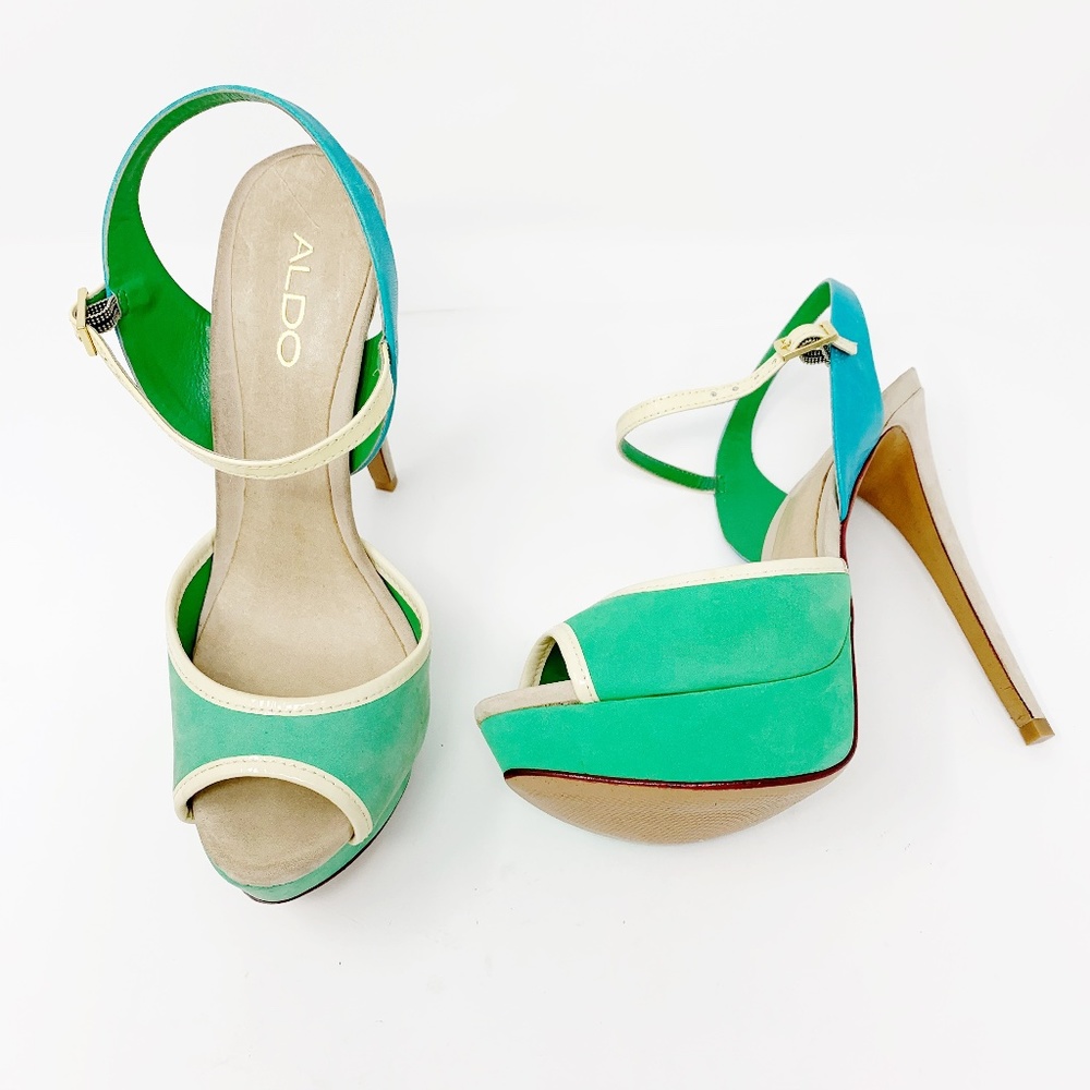 Aldo  Suede/Leather Peep-Toe Platform Heel Green